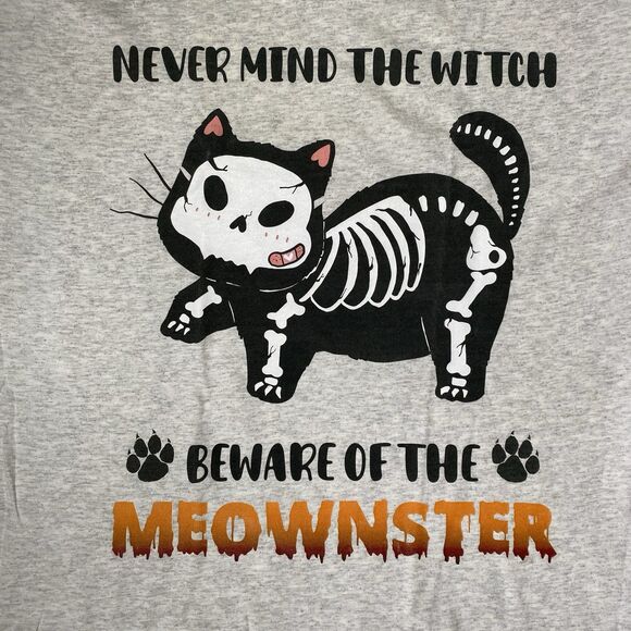 Women's Sz XL Skeleton Cat T-Shirt "Nevermind the Witch Beware of the Meownster - Picture 1 of 5